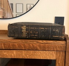 1800s Holy Bible Self Pronouncing Large Gold Gilded Pages Leather Bound picture