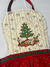 Vtg Grandma's Full Apron Pocket Christmas Holiday Baking Red Cream Ruffles picture