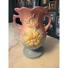 VTG 1940s Hull Art Pottery Magnolia Vase 11-6.5 Pink Blue Two Handled Ceramic picture