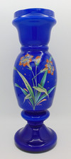 Antique Harrach Victorian Royal Blue Art Glass Vase Hand Painted Enamel Florals picture