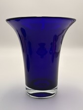 MCM Vintage Cobalt Blue Glass Trumpet Vase Flared Heavy Polished Pontil 8.5” picture