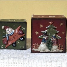 Vintage Primitive Christmas Snowman Trinket Boxes Country Wood Look 2Pc picture