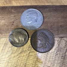 Lot - 2.5” - 3” coins - INDIAN HEAD 1877 / Half DOLLAR ‘64 / ‘37 Buffalo Nickel picture