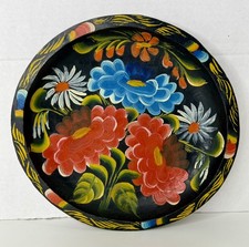 Vintage Mexican Folk Art Batea 9”Hand Painted Wooden Floral Decor Bowl picture