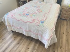 Vintage Chenille Bedspread Pink Floral Scroll Cottage Coverlet Altered As Is picture