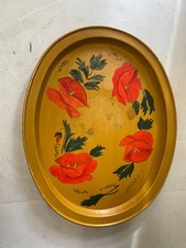 Vintage Hand Painted Red Flowers Mustard Yellow Oval Tray picture