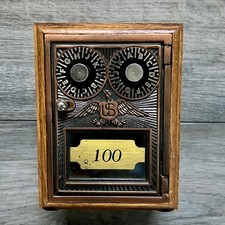 Vintage US Post Office Mailbox Door Wood Coin Bank Eagle Postal Box #100 No Code picture