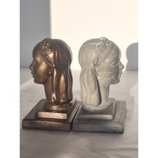 Frankart Art Deco Lady Bust Bookends Bronze & Gray Marbled Finish Pair picture