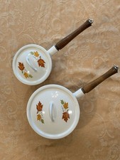 Vintage Descoware Enameled Cast Iron Saucepan Set Maple Leaf Autumn Pattern picture