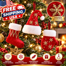 Red Velvet Christmas Tree Ornaments Santa Hat Stocking Mitten Gold Sequin Decor picture