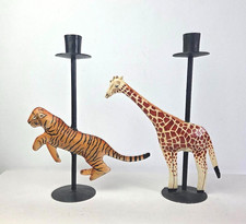 Vintage Metal Animal Candlestick Holder  Pair TIGER & GIRAFFE Handpainted picture