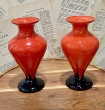 Vintage Czech Tango Glass Pedestal Vases Pair Red & Black Art Deco Stamped 9'' picture