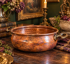 Antique Copper Pot Cauldron Ornate Handles Red Patina Old World Decor picture