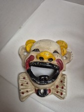ANTIQUE VINTAGE HAND PAINTED CAST IRON WALL MOUNT CLOWN FACE BOTTLE OPENER RARE picture