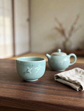 Vintage Korean Celadon Teacup Inlaid Crane Cloud Signed Cheongseok 青石 Goryeo picture