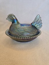 Vintage Indiana Glass Blue Carnival Hen on Nest 7 Inch Great Iridescent Color picture