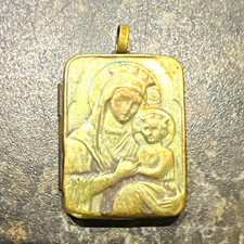 Vintage  Madonna & Child Christianity Icon Pendant Locket w/ Prayer Card picture