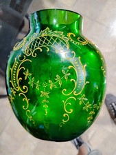 Antique Emerald Green Glass Vase with Raised Gold Enamel Scrollwork Decoration picture