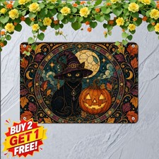 Bohemian Black Cat Pumpkin Halloween Art Decor Sign Metal Tin Plaque 8x12 picture
