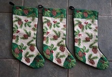 Wool Needlepoint Christmas Stocking Holly Pinecones Green Velvet Set Of 3 Lined picture