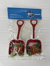 2 Vtg Flocked Snow Shovel Christmas Ornaments Shiny Brite Poloron Poinsettias picture