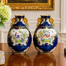 Nice Pair Blue Gold English Royal Worcester Porcelain Antique Victorian Vases picture