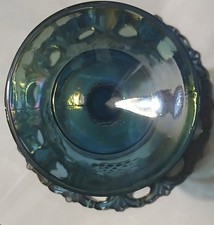 Vintage Indiana Glass Blue Carnival Glass Lidded Candy Dish Harvest Grape 1970's picture