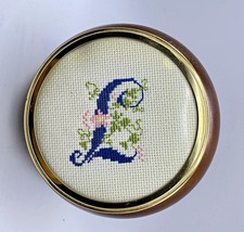 Vintage Turned Wood Trinket Bowl Box Embroidered Initial L Monogram Cross Stitch picture