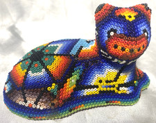 Vintage Huichol Beaded Cat Figurine Handmade Mexican Folk Art 4-1/2