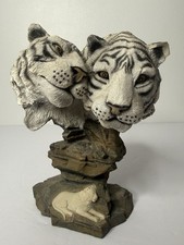 Vintage 90s Double White Tiger Head Bust Resin Statue 8