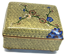 Vintage Chinese Cloisonne Hinged Box Tan W/ Cherry Blossom Flowers Ball Feet picture