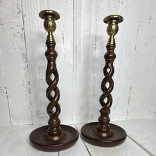 Vintage Pair Barley Twist Wood Brass Candlesticks Openwork Candle Holders picture