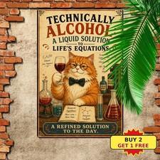 Technically Alcohol Is A Solution Funny Science Cat Bar Metal Tin Sign Plaque picture