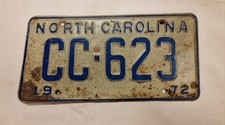 Vintage 1972 North Carolina License Plate Tag #CC-623 Original Collectable picture