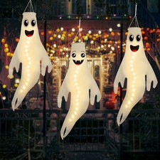 3PCS 43 Inch Halloween Lighted Hanging Ghost Windsocks 43 inch, Warm Light picture