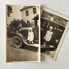 Antique Snapshot Photograph Adorable Little Girl Standing On Side Of Car picture