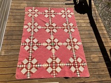 Unusual Antique 1890's era Irish Chain Variation Quilt Brown Raspberry Pink picture