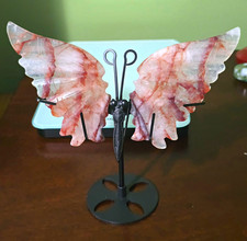 Beautiful Fire Quartz Butterfly Wings w/Metal Stand 5 in Individual Wing Span. picture