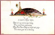 Vintage 1924 New Year Postcard Holiday Greetings Poinsettia & Candles picture