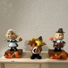 Retro/Vintage SolarEffect Thanksgiving Figurine Set of 3 Pilgrim Girl Man Turkey picture