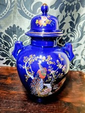 Vintage Cobalt Blue Porcelain Ginger Jar Lidded Urn Peacock Floral Gold Gilt picture