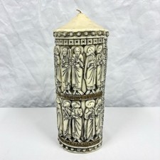 Vintage Hallmark Candle Medieval Religious Ivory Carving 11” Pillar Mid-century picture