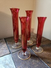 Lot 4 Vtg Cranberry Red Glass Slim Bud Vases with Clear Base Hand Blown picture
