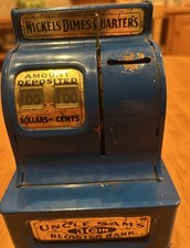 Vintage Uncle Sam 3 Coin Toy Metal Cash Register Bank Blue 1950s  Made In USA picture