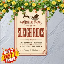 Santa Claus Flying Reindeer Sleigh Sign Festive Christmas Metal Tin Plaque picture