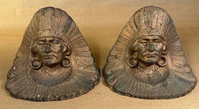 Vintage 1920's Judd Cast Iron Bronze Patina Pair Native American Chief Book Ends picture