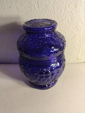 Vintage Cobalt Blue Glass Embossed Grapes And Apples Lidded Jar Candy Dish picture