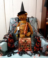 VTG RARE Bethany Lowe Lucky Halloween Bear w/ Original Hat & Horn & Extras picture
