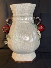 Antique VAN CLEVE Asian LARGE Crackle Vase Pomegranate Daisy Flower Accents RARE picture