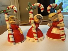 Vintage Napco Ceramic Christmas Angels With Candy Cane Bells picture